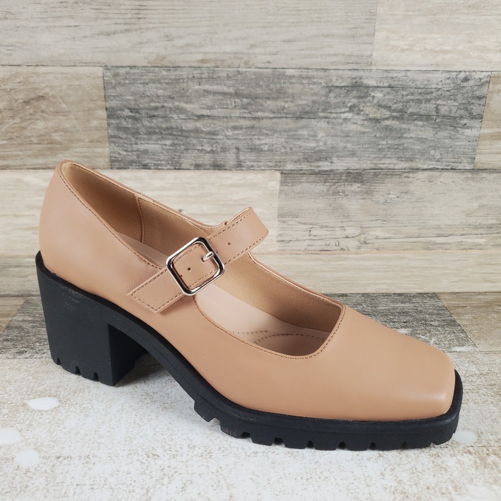 Journee Gladys Womens Mary Jane Pumps Sz 7.5 M Tan Vegan Square Toe Block Heel